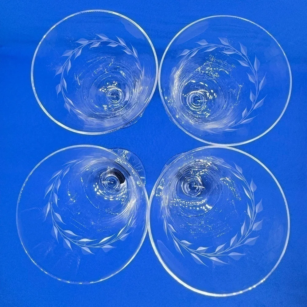 Vintage Glass Laurel Leaves Cut 10oz Parfait/Footed Tumbler Set of 4